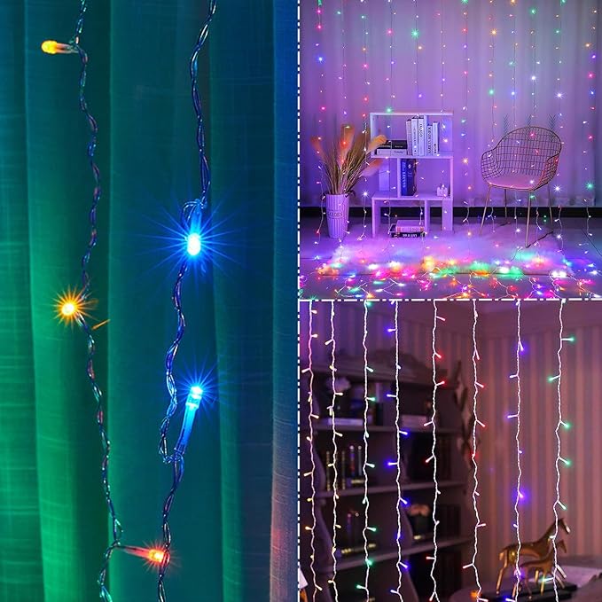 WATERGLIDE 300 LED Curtain Lights, Remote Control Christmas Decorative Hanging String Lights, 8 Lighting Mode, Plug in for Indoor Outdoor Holiday Party Garden Backdrop Wedding Home Decor, Multicolor