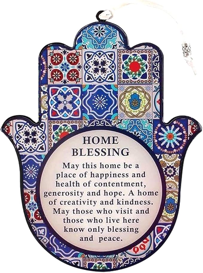 ArancioneandQ Hamsa Good Luck Home Blessing Oriental Blue Evil Eye Protection Amulet Hand Wall Hanging Decor (English Blessing) 7.1 Inch