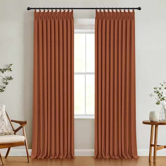 100% Blackout Shield Linen Look Textured Pinch Pleated Curtains Blackout Drapes 84 Inch Long 2 Panels Set, Faux Linen Blackout Curtains for Bedroom & Living Room, 40" W x 84" L, Burnt Orange