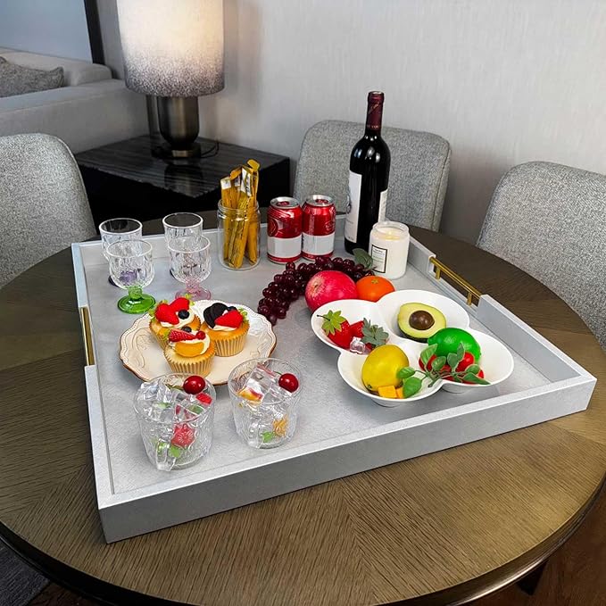 24x24 Inches Extra Large Silver Faux Leather Wrapped Wood Ottoman Tray with Golden Handles for Serving Food and Breakfast On Bed, Square Coffee Table Organizer, Home Decor and Decorative