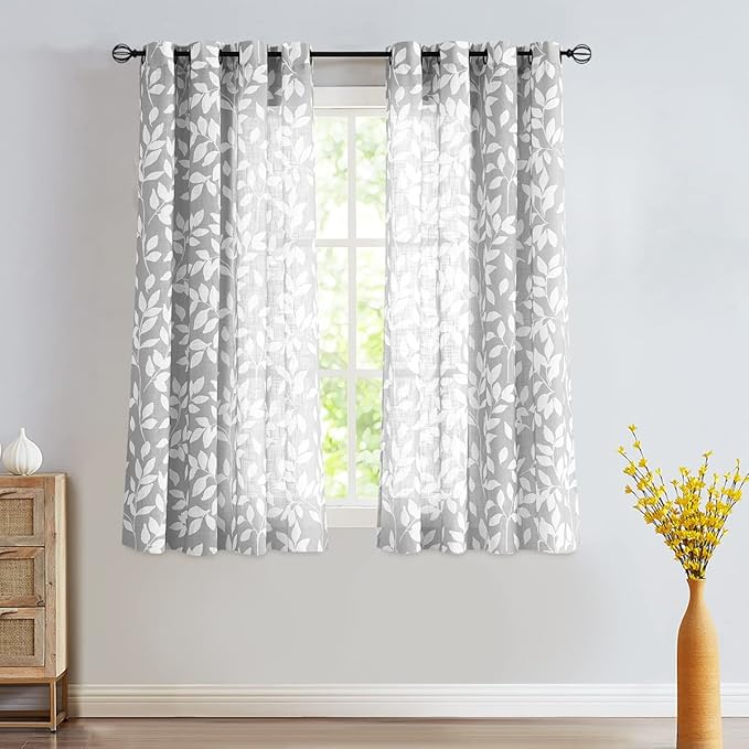 White and Grey Curtains for Bedroom 54" Long Leaf Print Curtains for Windows Semi-Sheers, Grommet Top, 2 Panels