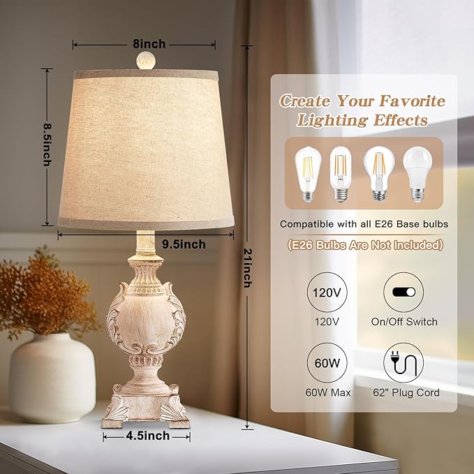 21'' Small Table Lamps Set of 2 Farmhouse Bedside Lamps for Bedroom Nightstand Vintage Carved Floral Side Table Lamps for Living Room Kids Home Office, Wooden Finish, Bulb Not Include