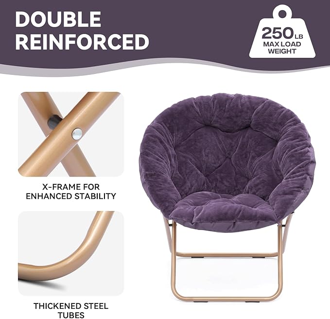 Magshion Saucer Chair for Adults, Comfy Living Room Lounge Chair for Bedroom Corner, Dorm, Apartment, Faux Fur Fluffy Circle Accent Seat with Thick Padded & Folding Metal Frame (Purple, Set of 2)