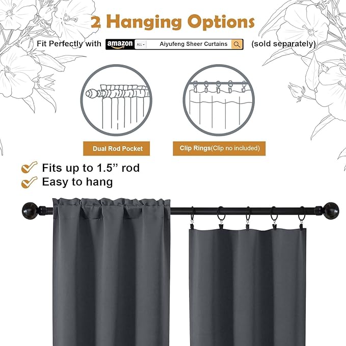 Aiyufeng Grey Short Blackout Curtains for Bedroom 54 Inches Long 2 Panels Set, Solid Thermal Insulated, Energy Saving Window Treatment Curtains Blackout Drapes, W40 x L54 Inch, Grey