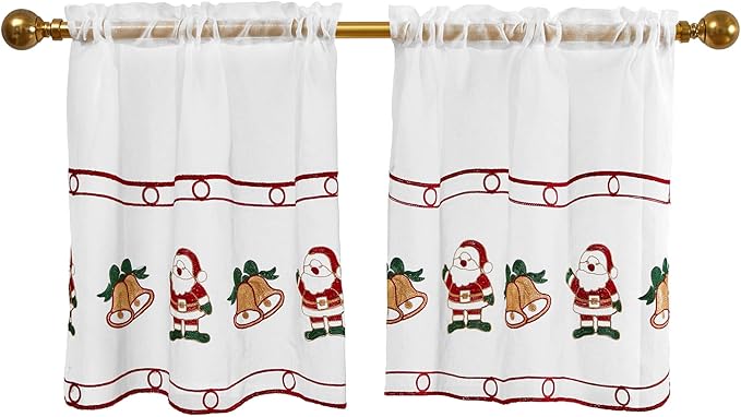 Deconovo Christmas Kitchen Tier Curtains, Embroidered Cafe Tiers, Semi Sheer Window Treatment with Rod Pocket, Light Filtering for Small Windows, Door & Sink Areas, 28W x 24L, Santa Claus, 2 Panels