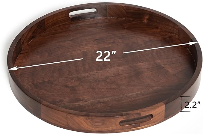 22 x 22 inches Round Ottoman Table Tray, Wooden Solid Black Walnut Circle Platter Decorative Serving Tray with Handle for Oversized Ottoman Home Breakfast in Bed Tea Coffee