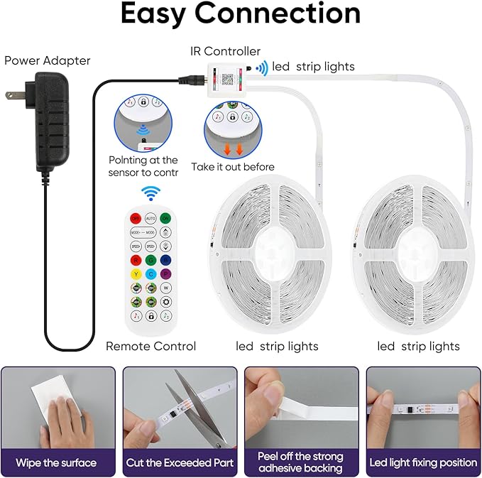 Led Lights for Bedroom, IC+RGB 32.8FT Strip Lights, 24Key Remote with App Control, Music Sync Color Changing Lights for Room Decor Party
