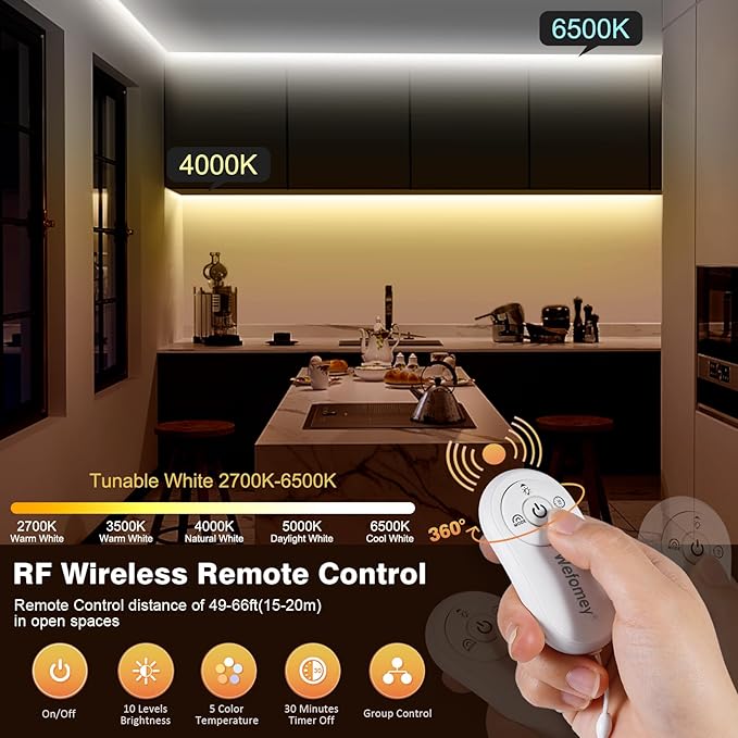 COB LED Strip Light White, Dimmable 2700K-6500K High Density 6080LEDs 24V Flexible LED Tape Light with Remote and APP Control, for Under Cabinet Bedroom Kitchen DIY Lighting,1 Rolls of 32.8ft