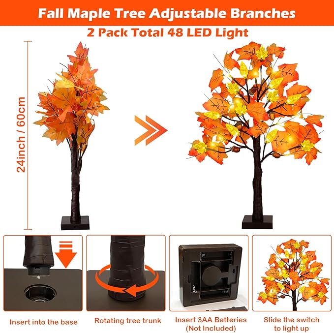 2 Pack 24 Inch Prelit Fall Maple Tree with 48 LED Lights Timer Battery Operated Light Up Acorn Maple Tree for Fall Autumn Thanksgiving Artificial Home Indoor Halloween Decor