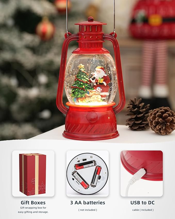 Snow Globe Christmas Decorations Indoor Santa Claus Musical Light-up Christmas Snow Globes with 6H Time Glittering Santa Claus Red Christmas Decorations Gift for Home
