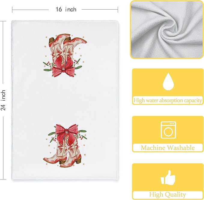Western Christmas Kitchen Towels, Christmas Coquette Red Bow Cowgirl Boots Decorative Hand Towels for Bathroom, Christmas Dish Towels for Kitchen, Western Christmas Kitchen Bathroom Decor, 16x24 Inch