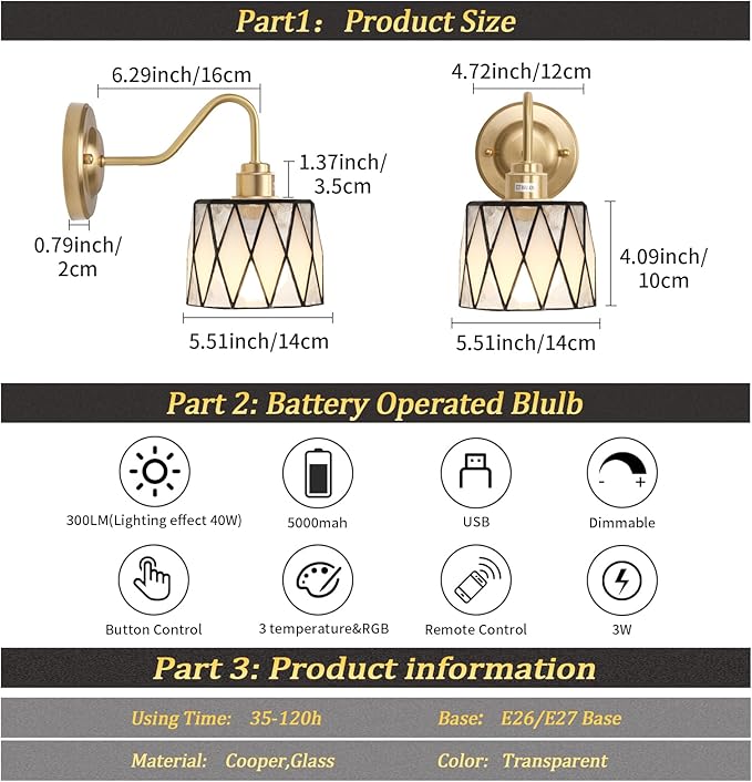Vintage Battery Operated Wall Sconce Set of 2, 5000mAh Rechargeable Wall Lamp 12 RGB Colors Dimmable, Gold Lights Fixture for Bedroom Bathroom Living Room Hallway Clear Checker