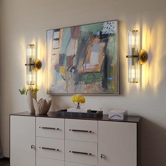 Crystal Wall Sconce Set of Two, Brushed Gold Bathroom Wall Light, Modern Sconces Wall Decor. 2-Light Luxury Indoor Wall Lamp 15.7-Inch for Living Room, Hallway, Mirror, Bathroom, Vanity. E26
