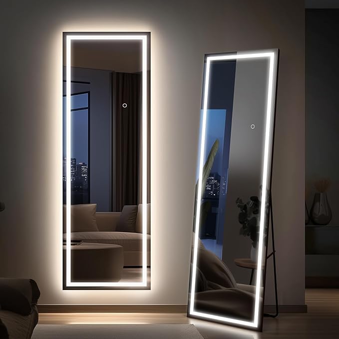 Kosmonia 65x24 Full Length Mirror, Dimmable 3 Color LED Light w/Light Memory, Distortion Free Silver Coating Mirror, HD Reflection &Anti Desilvering,Tempered Glass &Shatter Proof Film Doubles Safety