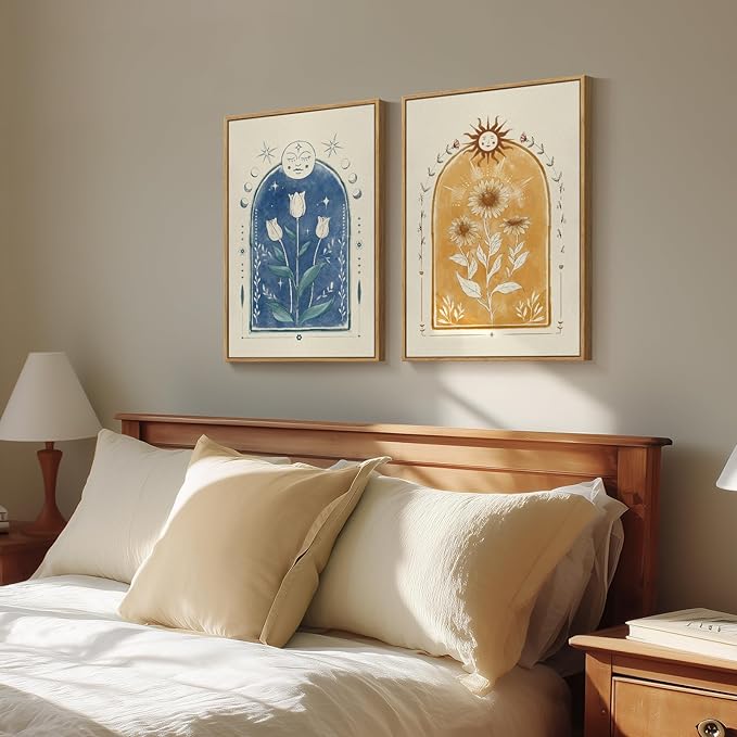 Framed Blue and Yellow Boho Tarot Wall Art for Room Decor, Set of 2 Sun and Moon Floral Artwork for Walls, Mid Century Bohemian Art Prints for Living Room Bedroom Office Hallway Wall Decor, 16x24 Inch