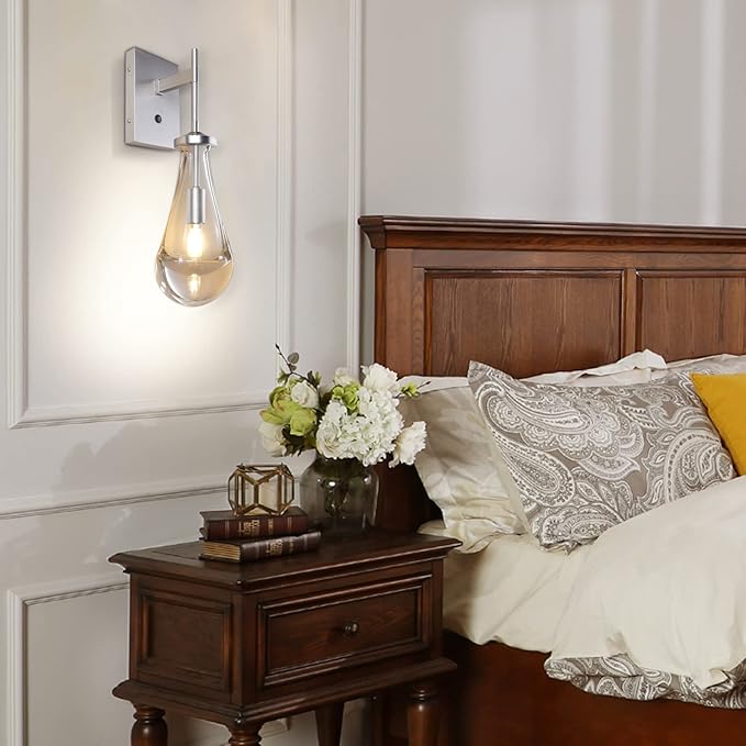 HuisMier Brushed Nickel Wall Sconce, Raindrop Wall Sconces with On Off Switch Button, Modern Clear Glass Wall Light Fixture Vanity Wall Lamp for Bathroom Bedroom Living Room Hallway