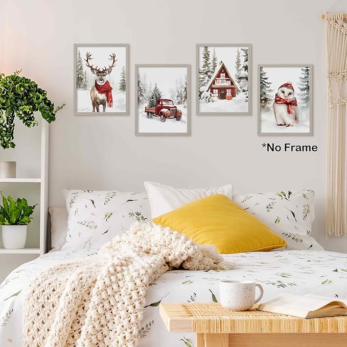 TLESKE Winter Christmas Snowy Woodland Animals Posters Prints Unframed Set of 4, Forest Deer Reindeer Moose Owl with Red Scarf Wall Art Prints Decor for Nursery Bedroom, Christmas Pine Trees Wall Pictures, 12x16