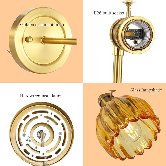 Vintage Wall Sconces Set of 2, 180 Degree Adjustable Brass Vanity Lights Fixture with Amber Tulip Glass Lampshade, Hradwired Modern Wall Lighting for Bedside Bedroom Bathroom