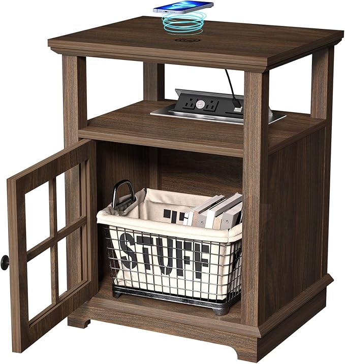 HIFYOBRO 18'' End Table with Charging Station, Adjustable Shelf & Storage, Modern Farmhouse Nightstand for Bedroom, Living Room, Office