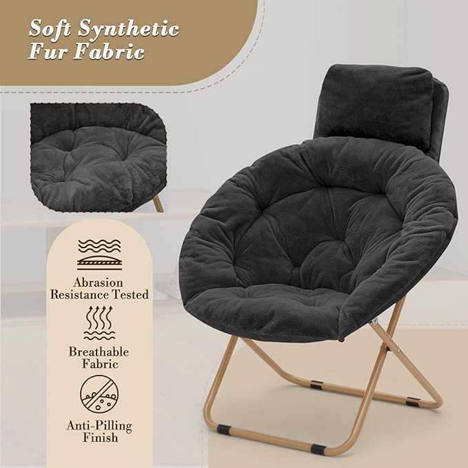 Athena Collection Comfy Saucer Chair with Headrest, Set of 2 Oversize Round Cozy Chair Folding Chair Faux Fur Metal Frame Foldable Reading Chair Accent Chair for Bedroom Living Room, Black