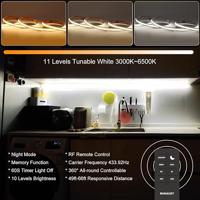 20ft COB LED Strip Lights, Bluetooth Smart App Tunable 3000K~6500K White Daylight to Warm White Light Strip with Remote Dimmable for Bedroom Kitchen Home Lighting