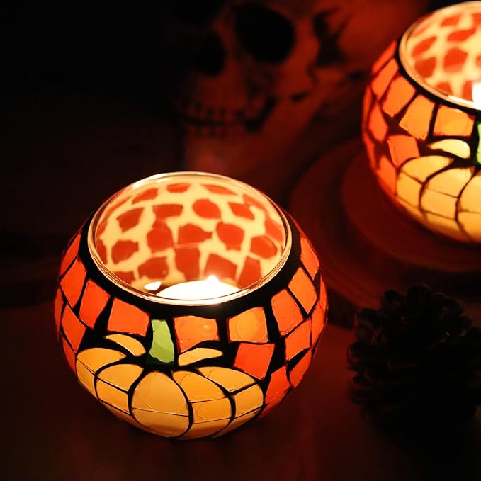 4 PCS Pumpkin Candle Holders, Fall Table Centerpiece Decorations, 100% Mosaic Glass Votive Tealight Candle Holders for Thanksgiving Halloween Indoor Outdoor Decor