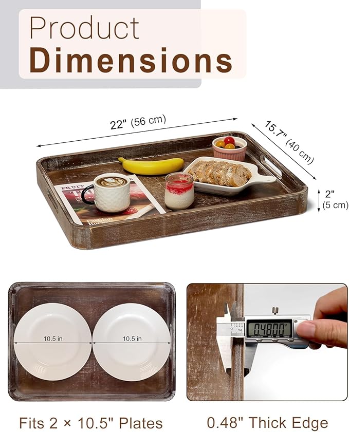 22 Inch Rustic Wood Serving Tray with Handles, Large Rectangular Wooden Ottoman Tray, Beautiful Home Décor for Living Room Coffee Table Couch, Ideal for Serving Food Breakfast BBQ Parties
