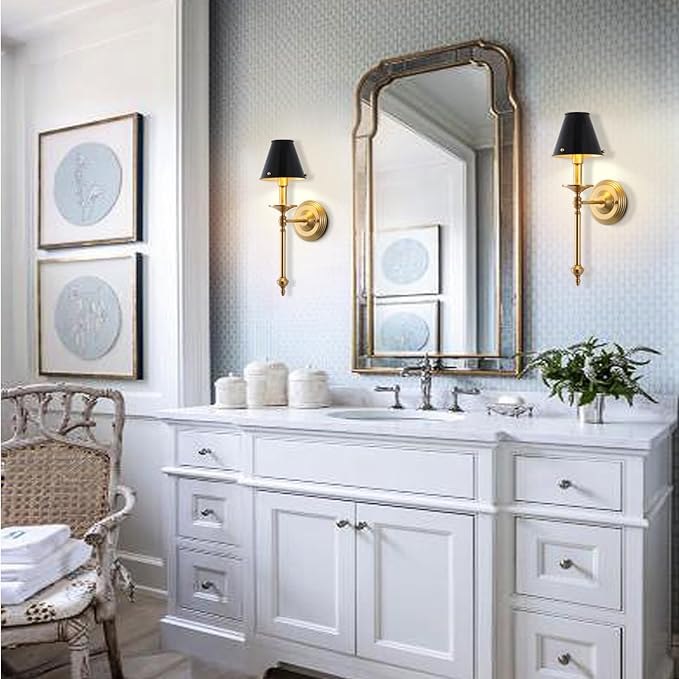 Modern Wall Sconce Industrial Mid Century Bathroom Vanity Wall Light Brushed Brass Finished Frame and Black Metal Lampshade Wall Mount Lights for Living Room Bedroom Stairs Corridor Mirror