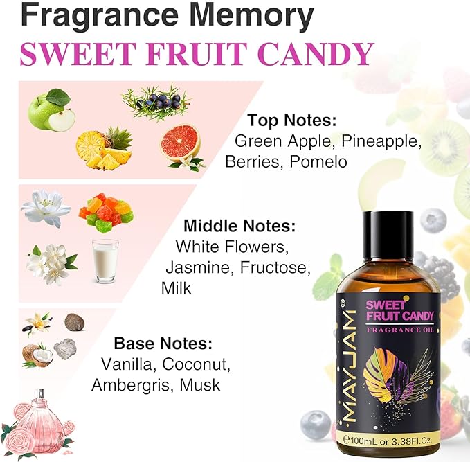 Sweet Fruit Candy Fragrance Oil Essential Oil, MAYJAM 3.38FL.OZ Sweet Fruit Candy Oil for Diffusers for Home, Long Lasting Scented Oils for Soap Candle Making - 100ML