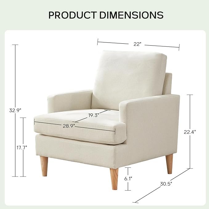 VKNOW Mid-Century Accent Chair, Modern Upholstered Chenille Armchair for Living Room,Comfy Reading Accent Chairs with Wood Legs for Bedroom, Beige Polyester