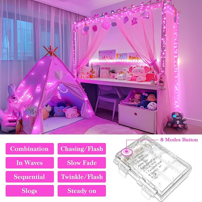 JMEXSUSS 33ft 100 LED Pink Christmas Lights, Pink Battery Operated Lights with 8 Modes Remote, Indoor Outdoor String Light for Bedroom Christmas Party Tree Decorations