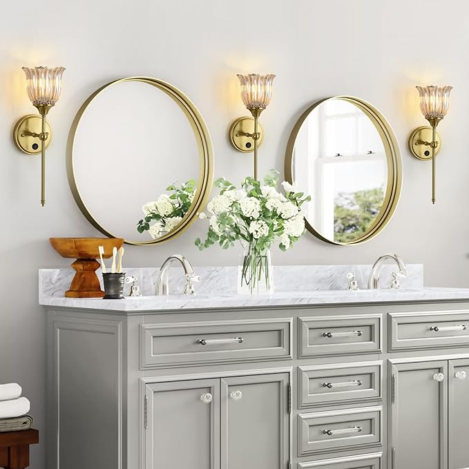 Modern Wall Sconces with Amber Flower Glass Shade 1 Pack, Mid Century Bathroom Vanity Wall Light Fixtures Gold Vintage Wall Lights with Switch for Mirror Bedroom Living Room
