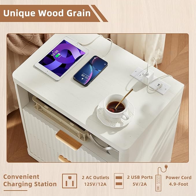LEYAOYAO Fluted Farmhouse Nightstand Set of 2 with Charging Station, 23" Wide 2 Drawers End Table,White Dresser for Bedroom,Bed Side Table Chest of Drawers Cabinet,Wood Night Stand for Living Room