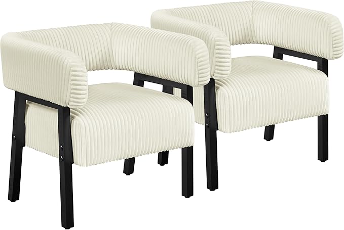 Yaheetech Corduroy Barrel Accent Chair Set of 2, Modern Upholstered Armchair with Solid Wood Legs, Cozy Leisure Chair with Pocket Coiled Seat for Living Room, Bedroom, Reading Nook Beige
