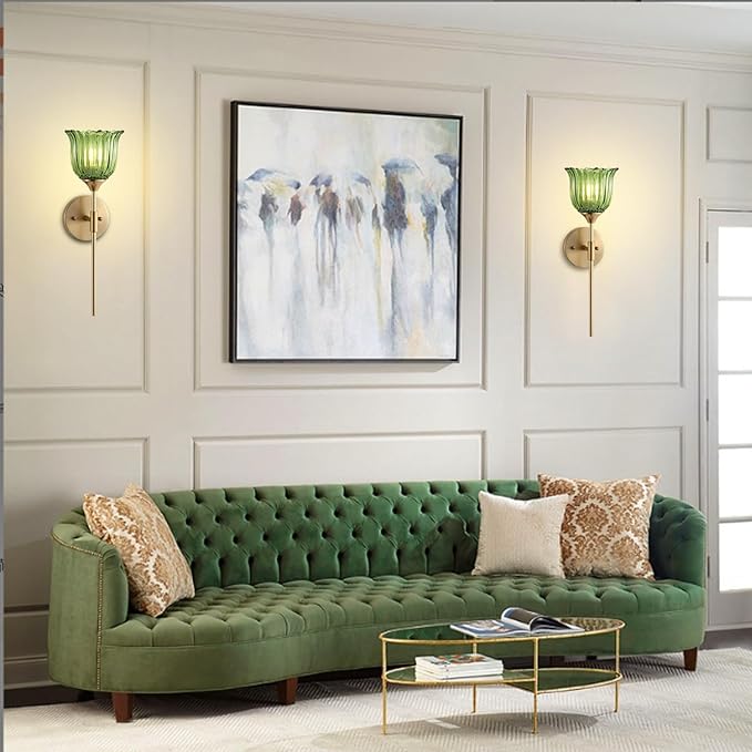 Gold Wall Sconce Set of 2 with Green Glass Shades Modern Mid Century Bathroom Vanity Wall Light Fixtures Industrial Brushed Brass Wall Lamp for Bedroom Mirror Living Room Restaurant