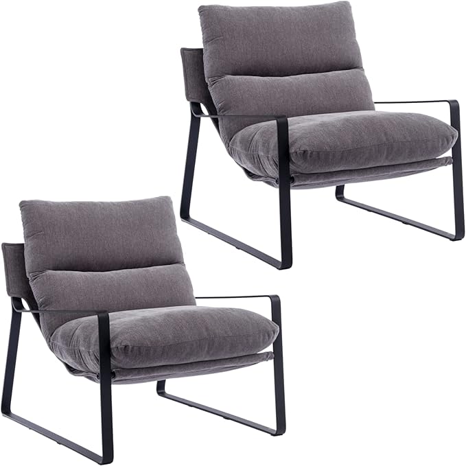 Mid-Century Accent Chair Set of 2, Comfy Linen Fabric Side Chair with Armrest, Upholstered Leisure Chair with Black Metal Frame for Living Room Bedroom Reception Room, Grey