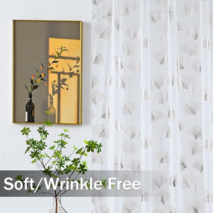 Silver Foil Print Sheer Curtains 96 inches Long, 2 Panels Ginkgo Bronzing Treatment Sheer Curtain, Rod Pocket Window Treatment Panels for Bedroom Living Room