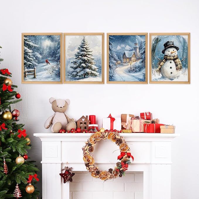 Wheatwin Winter Wonderland Vintage Christmas Wall Art Prints Set of 4, Blue Christmas Tree Snowman Wall Decor, Winter Xmas Decor for Home Bedroom Living Room, 8x10 (Unframed)