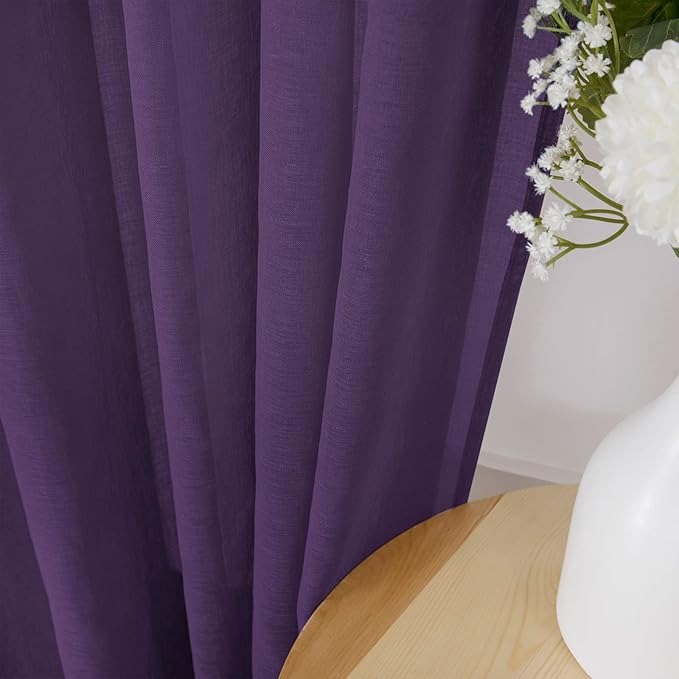 Tollpiz Sheer Tier Curtain Linen Textured Half Kitchen Curtains Sheer Light Filtering Rod Pocket Voile Small Curtains for Bathroom, 25 x 36 inches Long, Royal Purple, Set of 2 Panels