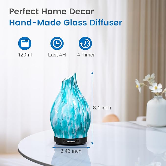 Essential Oil Diffuser, 120ML Glass Aromatherapy Diffuser with Auto Shut-Off and 7 Color LED Lights, Ultrasonic Mist Humidifier with 4 Timer for Home Office Bedroom (Blue Mountain)