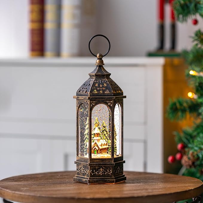 Christmas Snow Globe Lantern Lighted Holiday Village Church with Music& Timer, USB Lined/Battery Operated Lighted Lantern for Christmas Festival Decoration Gifts
