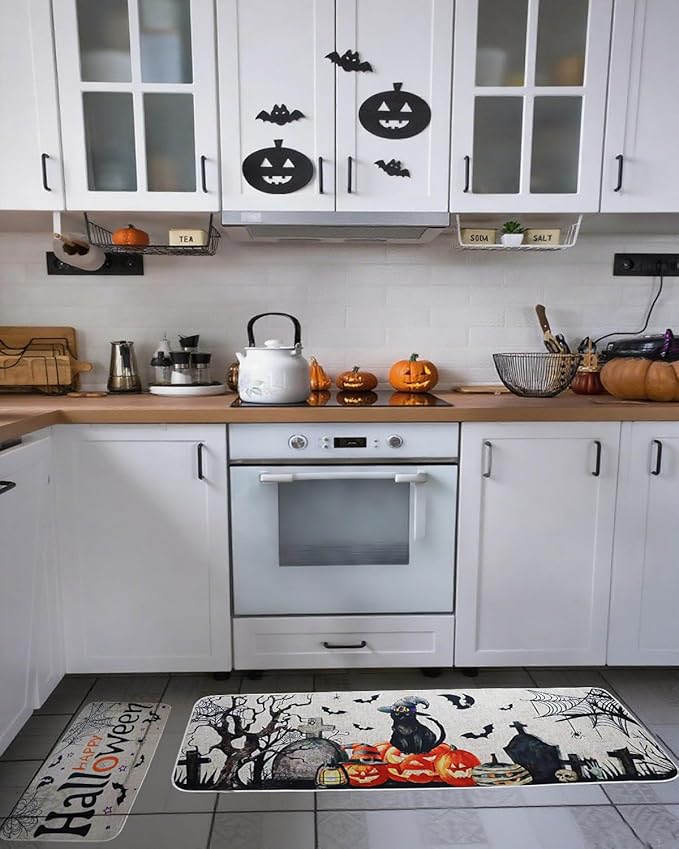 Halloween Kitchen Mats Set of 2, Halloween Decor Black Cat Pumpkin Rugs, Non-Slip Washable Kitchen Mats for Floor Kitchen Bathroom, Halloween Decorations for Home,17"x27+17"x47" 