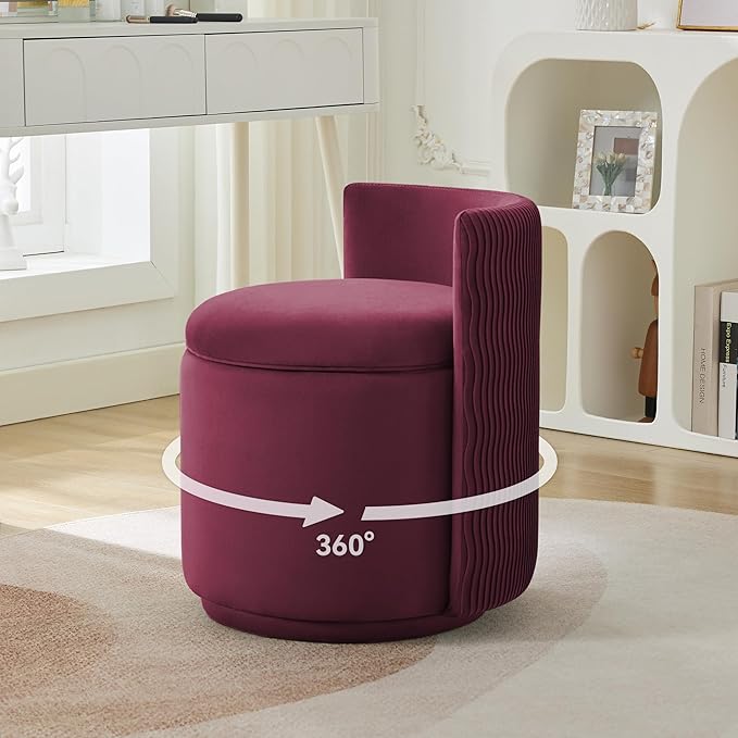Velvet Vanity Chair with Storage, 360° Swivel Makeup Chair with Wave Back, No Assembly Small Accent Stool for Bedroom, Dressing, Living Room, Burgundy