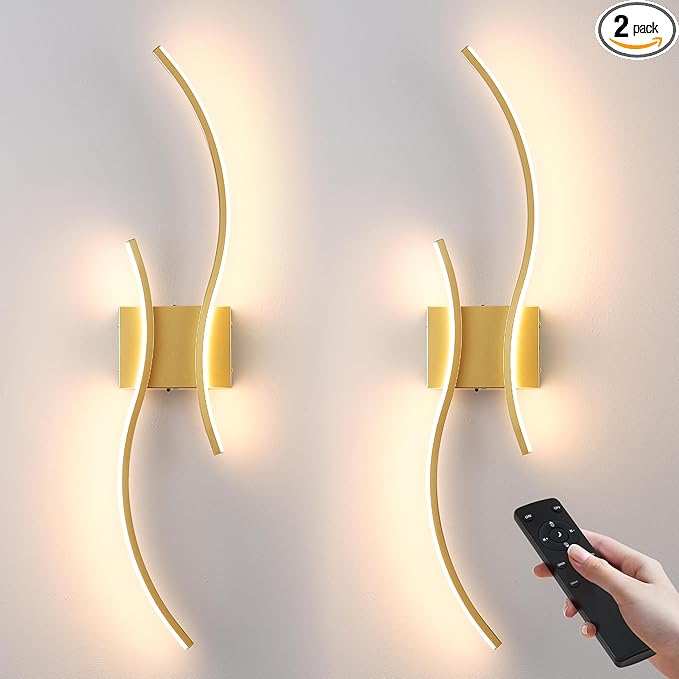 Battery Operated Wall Sconces Set of Two with Remote Control, Stepless Colors 3000K-6000K & Dimming, LED Gold Wireless Wall Light for Living Room, Hallway, Bedroom, 27.5 Inch (2 Pack)
