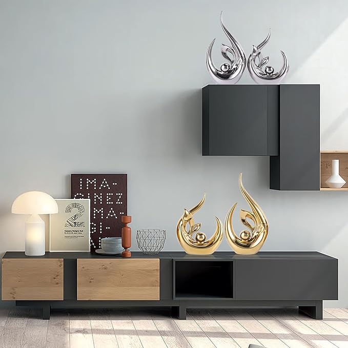 13" H Bright Gold Abstract Sculptures Home Decor, Ceramic Art Statue Cool Stuff to Put on Shelves&tv Stand Decor, Gold Accent Entertainment Center, for Fireplace Coffee Table Dining Table Decorate