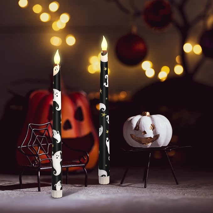 Halloween Decor Flameless Taper Candles with Remote & Timer - White Ghost Decal Black LED Taper Candles with Timer - Home Party Horror Theme Haunted House Decorations, Set of 2