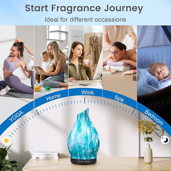 Essential Oil Diffuser, 120ML Glass Aromatherapy Diffuser with Auto Shut-Off and 7 Color LED Lights, Ultrasonic Mist Humidifier with 4 Timer for Home Office Bedroom (Blue Mountain)