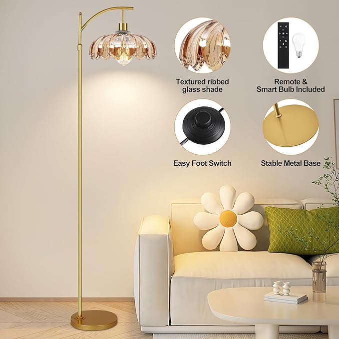 Arc Floor Lamp for Living Room Gold Floor Lamp with Remote Control,Dimmable Floor Lamps With Glass Lampshades,Mid Century Modern Standing Lamp Tall Vintage Flower Floor Lamps for Bedroom,Corner