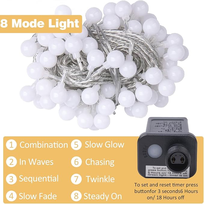 Ogrmar 49 ft 100 LED Globe Ball String Lights 8 Modes Fairy String Lights with Remote, Timer Function & Connectable for Indoor Outdoor Wedding Birthday Christmas Tree Garden Decor (100, White)