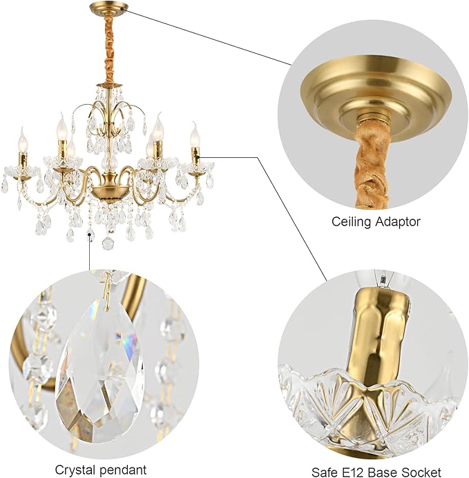 Vintage Chandelier, Crystal Chandeliers for Dining Room, Antique Chandelier, Crystal Candle Chandelier Lighting, Vintage 6 Lights Pendant Ceiling Fixture Lamp Perfect for Hallway D68 x H55